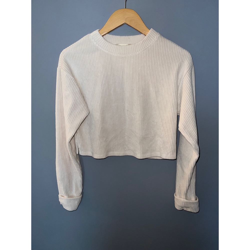 Altar'd State Cream Ribbed Long Sleeve Cropped Top Crew Neck Size Small